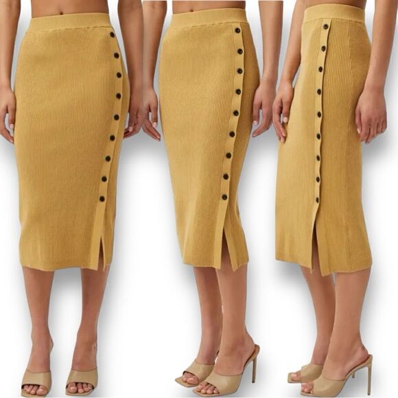 LITA By Ciara Women’s Side Buttons Rib Organic Cotton Midi Skirt in the Size L